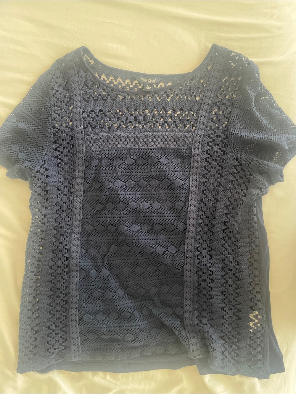 Lucky Brand Navy Crochet Lace Short Sleeve Top